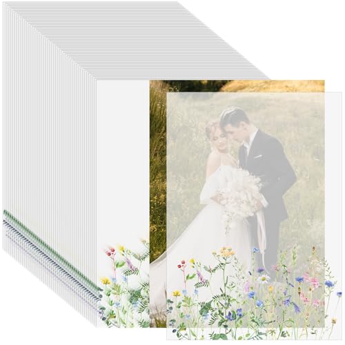 MotiMind 150 Stück Wildblumen-Pergamentpapier für 12,7 x 17,8 cm Einladungen, Save the Date, Hochzeitseinladungen, Wraps, Pergamentpapier, durchscheinendes Papier, Hochzeitsfoto-Einband für DIY, von MotiMind