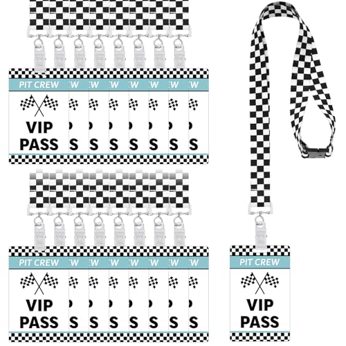 MotiMind 30 Sets Vintage-Racing-VIP-Pass-Karten mit karierten Renn-Schlüsselbändern, PVC, Retro, Vintage, VIP-Pass-Karten mit weißen und schwarzen Schlüsselbändern für Rennwagen, Geburtstagsparty, von MotiMind