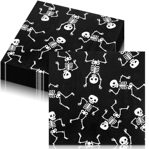 MotiMind 50 Stück Skelett-Papierservietten, Einweg-Servietten, Halloween-Skelett, Totenkopf, Halloween-Servietten für Abendessen, Halloween, Party, Geschirr, Zubehör, Süßes oder Leckerei-Dekorationen von MotiMind