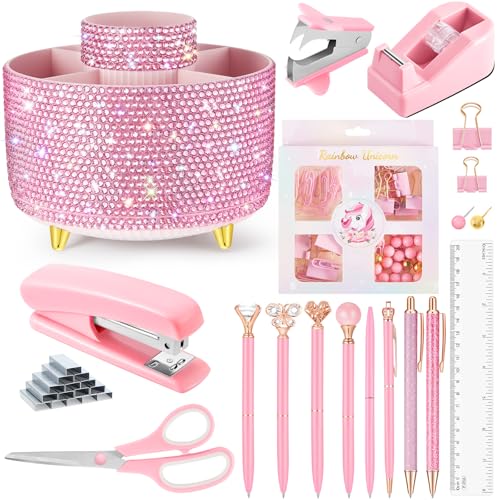 MotiMind Pinkes Schreibtischzubehör-Set für Damen, 360 Grad drehbarer Stifthalter, Schreibtisch-Organizer mit Hefter, Heftklammerentferner, Klebebandspender, 1000 Heftklammern, Clips, Lineal, von MotiMind