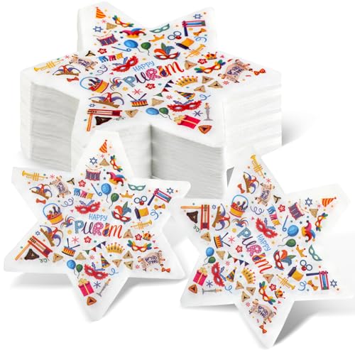 Motipuns 60 Stück Happy Purim Party-Servietten, Großpackung für jüdische Feiertage, Karneval, Party, Einweg-Papierservietten, Sechszackige Stern-Servietten, Purim-Esstisch, Einweg-Gästeserviette für von Motipuns