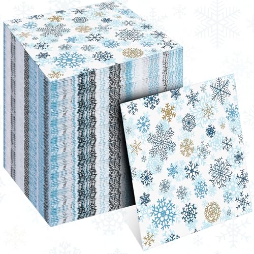 Motipuns Weihnachtspapierservietten, Einweg-Schneeflocken-Papierservietten, Großpackung, blaue und weiße Schneeflocke, Weihnachtsdekoration, Geschirr für Weihnachten, Winter, Urlaub, Partyzubehör, 100 von Motipuns