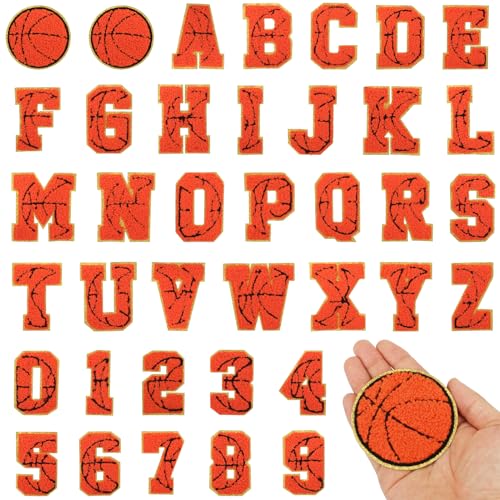 Mototo 38 Stück Basketball-Aufnäher zum Aufbügeln, Sport, Zahlen, Buchstaben, Applikation, Stoff, Basketball, Chenille, bestickte Buchstaben und Zahlen, Flicken für Kleidung, Tasche, Hut, Reparatur, von Mototo