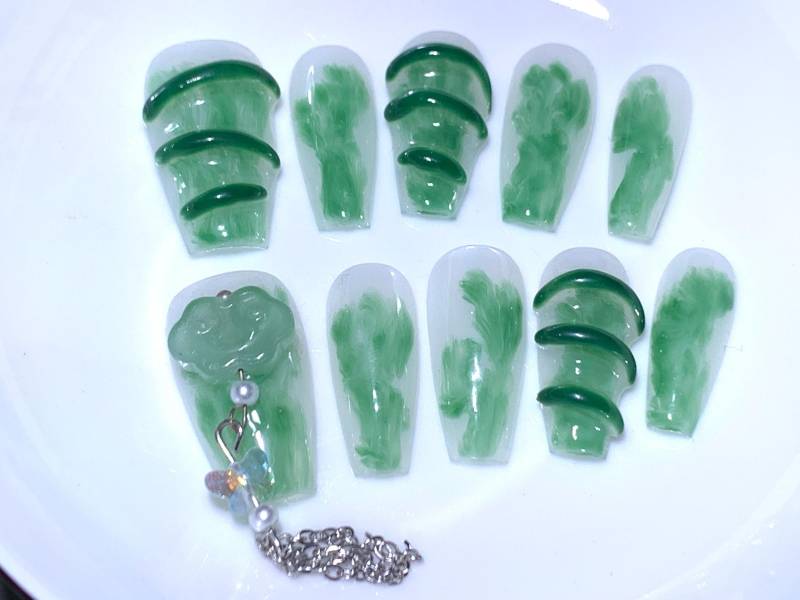 Grüner Ink Splash Press-On Nails/Ganoderma Nägel/Ombre Nagel/Y2K Drücken Sie Auf Die Nägel/Süße Nägel/Handbemalte Nägel von MouadDesignWaren