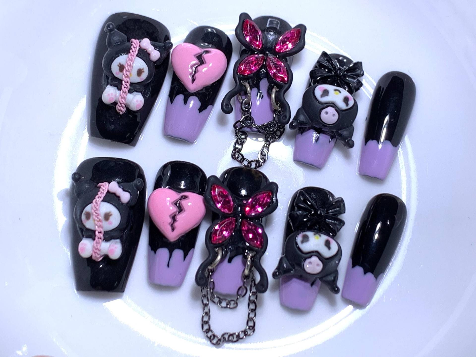 Handgemachte Kuromii Herz Kette Schwarz Lila Süße Press On Nails Kawaii Nägel Y2K von MouadDesignWaren