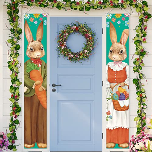 Moukeren 2 Stück Happy Easter Bunny Veranda Banner Schild Niedlicher Hase und Eier Türbanner Frühling Veranda Banner für Innen- und Außenbereich, Wand Haustür Dekor von Moukeren