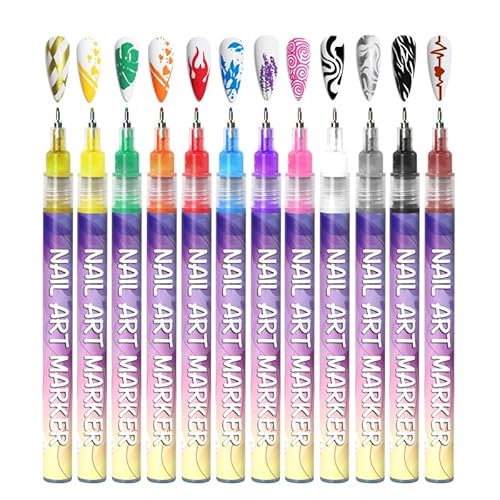 12-teiliges Nageldesign-Stift-Marker-Set, 0,5 mm, extra feine Spitze, Graffiti, Zeichnen, Verzierung (12 Stück-Set A) von Mounteps