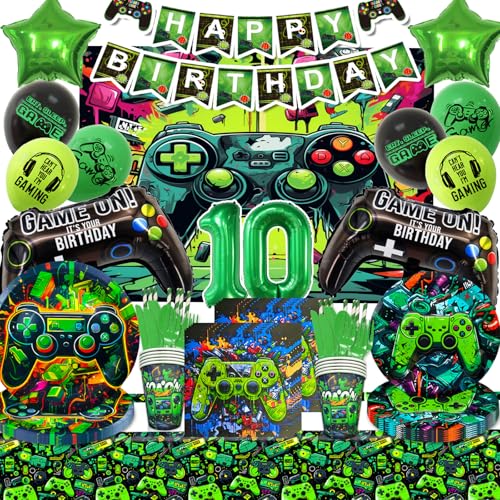 Mowtential 103 Stücke 2025 neu Geburtstagsdeko Gamer Grün,10 Jahre Geburtstagsdeko Junge,Gaming Deko,videospiel partygeschirr(Kindergeburtstag 10 Jahre) von Mowtential