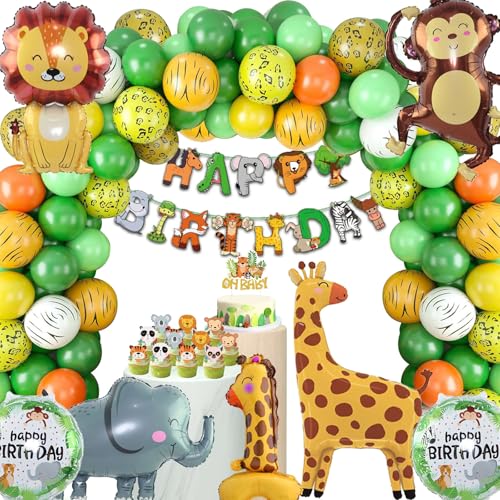 Mowtential 92 Stücke Dschungel Deko Geburtstag 1 Jahr,Junge, Mädchen Folienballon Tiere,Kindergeburtstag Deko Mit Tortendeko,Luftballons, Banner（Dschungel Thema Party 1 Jahr） von Mowtential