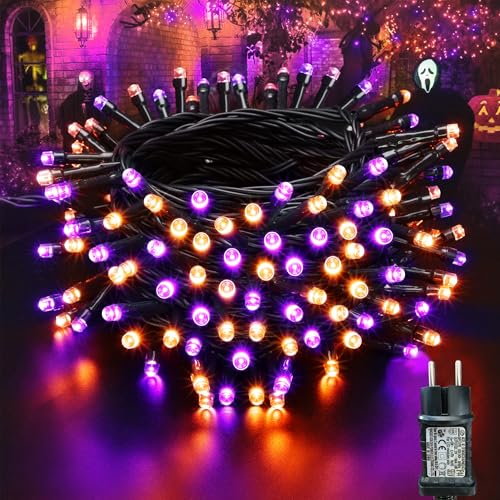 Moxled Halloween Deko Outdoor, 15M 100 LED Lichterkette Außen Strom mit Memory Funktion, 8 Modi Wasserdicht Halloween Lichterkette Lila Orange für Innen Garten Party Dekoration von Moxled