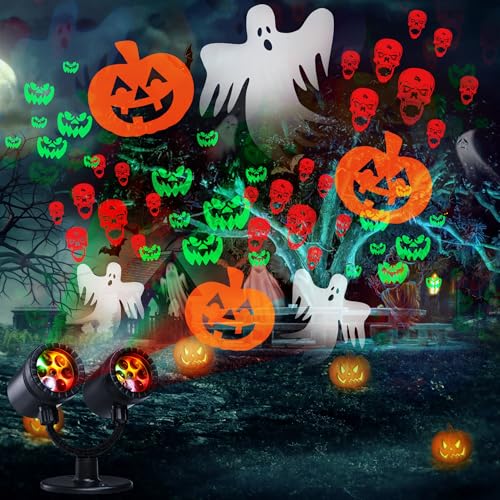 Moxled Halloween Deko Outdoor, Doppelter Kopf Dynamische Halloween Projektor mit Timer, Wasserdicht Geist Skelett Teufel Kürbis Halloween Deko Lichter für Garten Fenster Wand Hof Party von Moxled