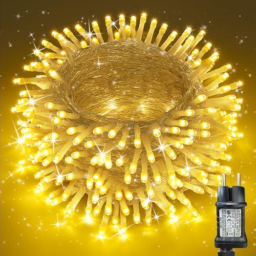 Moxled Lichterkette Außen 35m 350LED, Warmweiß Lichterkette Außen Strom mit Timer Speicherfunktion, Transparente Kabel, Wasserdicht 8 Modi Weihnachtsbeleuchtung für Außen Innen Garten Baum Weihnachten von Moxled