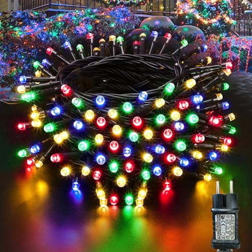 Moxled Lichterkette Weihnachtsbaum - 10M 100 LED Bunt Lichterkette Außen Strom mit Timer Speicherfunktion, Grünes Kabel, Wasserdicht 8 Modi Weihnachtsbeleuchtung für Garten Weihnachten Deko von Moxled