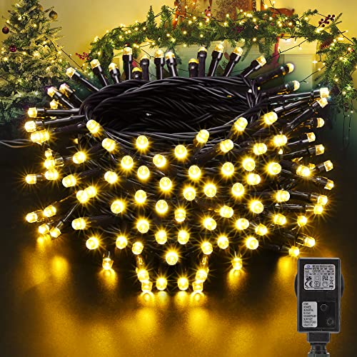 Moxled Lichterkette Weihnachtsbaum - 10M 100 LED Warmweiß Lichterkette Außen Strom mit Timer Speicherfunktion, Grünes Kabel, Wasserdicht 8 Modi Weihnachtsbeleuchtung für Garten Weihnachten Deko von Moxled