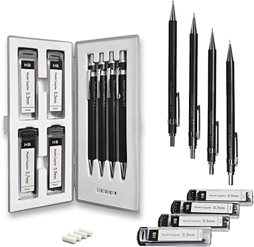 MozArt Schwarzer Druckbleistift Set mit Etui - 4 Größen: 0.3, 0.5, 0.7 & 0.9mm mit je 30 HB Minen & 4 Radiergummi-Minen - Zeichnen, Skizzieren Druckbleistifte, Metall-Druckbleistift von MozArt Supplies