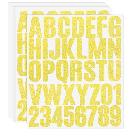 10 Blätter Glitzer Buchstaben Aufkleber Selbstklebenden Buchstaben und Zahlen Sticker Wasserdicht Postfach Nummern Aufkleber für Hochzeit Geburtstag Briefkasten DIY Scrapbooking (Gold) von Mozeat Lens