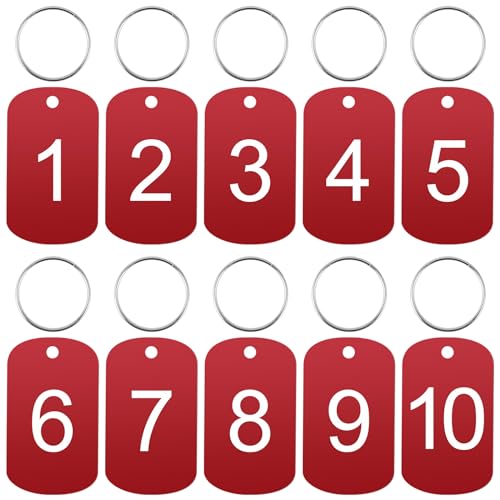 10 Stück Nummernschilder 1 to 10 Aluminum ID Tags mit Löchern Gravierte Schlüsselanhänger mit Schlüsselringe Number Tags Key Chain, Rot von Mozeat Lens