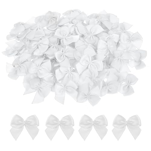 100 Stück Kleine Schleifen, 2.5 cm Mini Weiß Satinband Schleifen Winzige Vorgefertigte Schleifen für DIY Basteln, Geschenkverpackung, Hochzeit Deko, Weihnachten, Party, Scrapbooking von Mozeat Lens