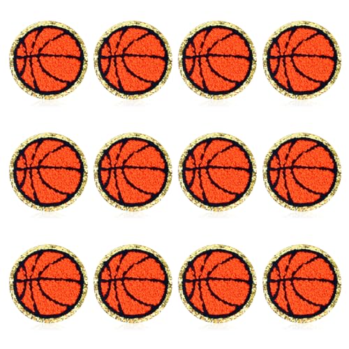 12 Stück Basketball-Aufnäher, goldene Kanten, Chenille-Flicken, Basketball-Flicken, zum Aufbügeln und Aufnähen, bestickte Aufnäher für Kleidung, Jeans, Jacke, Hut, Kleid, Rucksäcke, von Mozeat Lens