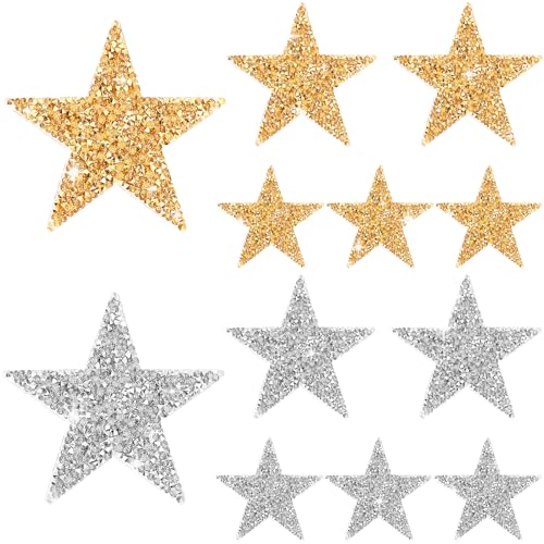 12 Stück Stern Bügelbilder Silber Gold Stern Patches Selbstklebende Strass Applikation Aufkleber Pailletten Vintage Patch Stoff Patch Sterne Glitzer Kristall Patches für Kleidung, Jeans, Jacken, von Mozeat Lens