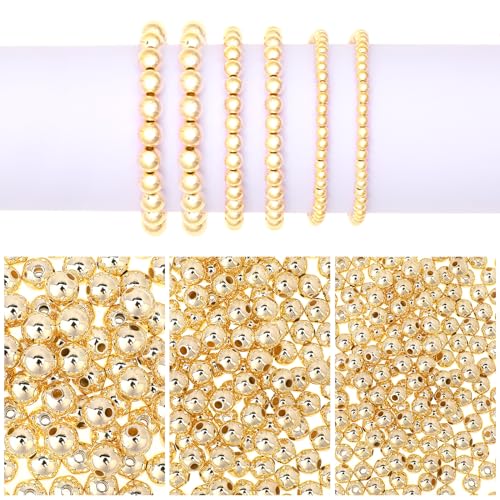 1200 Stück Golden Perlen zum Auffädeln Abstandshalter Perlen Kleine Abstandsperlen 4/6/8mm Glatte Runde Perlen Lose Spacer Beads Nahtlose Kugelperlen für DIY Armband Halskette Schmuck Herstellung von Mozeat Lens