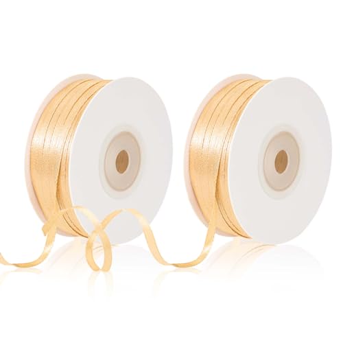 2 Rollen Geschenkband Gold, Ballonband Spule Golden 3mm x 91m Satinband Geschenkbänder Stoff Schleifenband Dekoband zum Geschenkverpackung, Bastelarbeiten, Geburtstag und Hochzeitsdekoration von Mozeat Lens