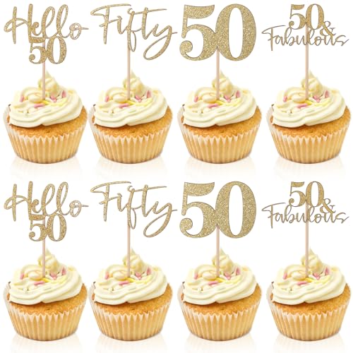 24 Stück Cupcake Topper zum 50. 50 geburtstag deko. Goldene Hochzeitstag-Dekoration für den 50. Geburtstag und den Hochzeitstag, Kuchen Party Dekoration zur Feier der Goldenen Hochzeit von Mozeat Lens