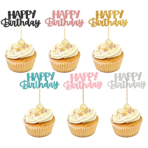 24 Stück Happy Birthday Tortendeko,6 Farben Tortendeko Geburtstag Wiederverwendbarcak Cake Topper Geburtstag Torten Deko Cupcake Topper Muffin Deko Happy Birthday Kuchen Deko für Mädchen,Kinder,Mutter von Mozeat Lens