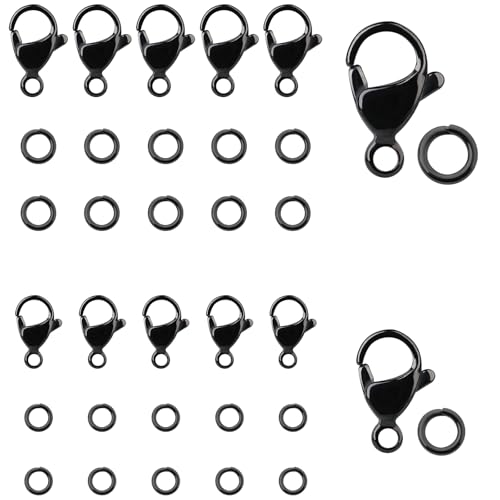 30 schwarze Karabinerverschlüsse mit Biegering, Edelstahl-Verschlüsse, Hakenende, Kettenverschluss, Metall, Schmuckverschlüsse für Halsketten, Armbänder von Mozeat Lens