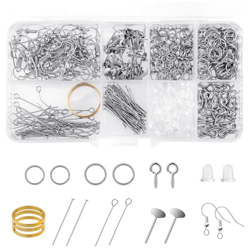 650 Stück Ohrring Reparatur Set DIY Ohrringe Zubehör Schmuckherstellung Set Schmuck Basteln Zubehör Kit Hypoallergenes Ohrringe Machen Endkappen Sprungring Schrauben-Ösen Ohrringpfosten Öhrnadel von Mozeat Lens