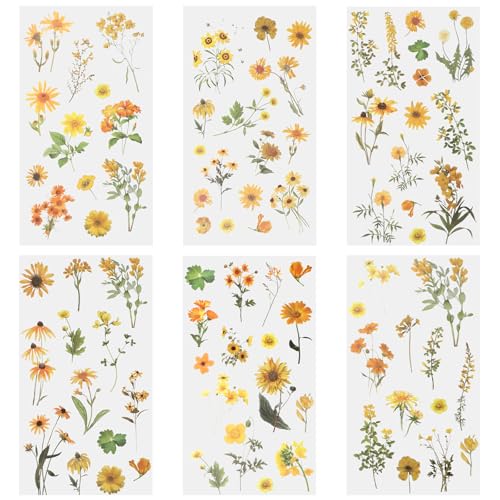 6 Blatt Sonnenblumen Aufkleber, Sticker Blumen Transparente Sonnenblumen Aufkleber für Bastelarbeiten Wasserfeste Flower Stickers Blumenaufkleber für Scrapbook Fotoalbum Sammelalbum Laptops Handwerk von Mozeat Lens