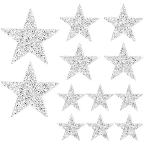 Stern Aufbügelbilder Aufkleber, 12 Stück Stern Kristall Aufbügeln Glitter Strass Applikation Aufnäher Silber Star Patches Strass Sterne zum Aufbügeln für Kleid T-Shirt Hut Jeans Tasche Schuhe DIY von Mozeat Lens