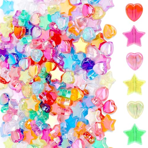 200 Stück Acryl Stern Perlen Bunte Stern und Herz Perlen Bunt Sternperlen Transparent Perlen zum Auffädeln Schmuckperlen mit Loch für DIY Basteln Ketten Halsketten Armbänder Schlüsselanhänger von Mozeat Lens