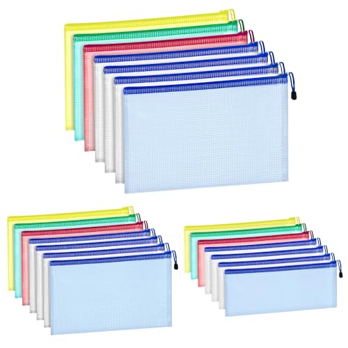 Mozvvco 21 Stück Dokumententasche, Mesh Zip Beutel Dokumentenmappe A4 A5 A6 für Datei Papier, Wasserdichte Dokumententasche Reißverschluss für Büro Schulmaterial, Reißverschlusstasche für Bürobedarf von Mozvvco