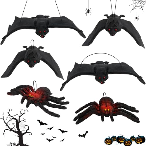 Halloween Deko Fledermaus Set 4 Stück Hängende 3D Fledermaus Deko und 2 Stück Spinne Hängend Gruselig Halloween Deko Realistisch Aussehende Gruselige Fledermäuse für Halloween Party Zubehör von MplehDa