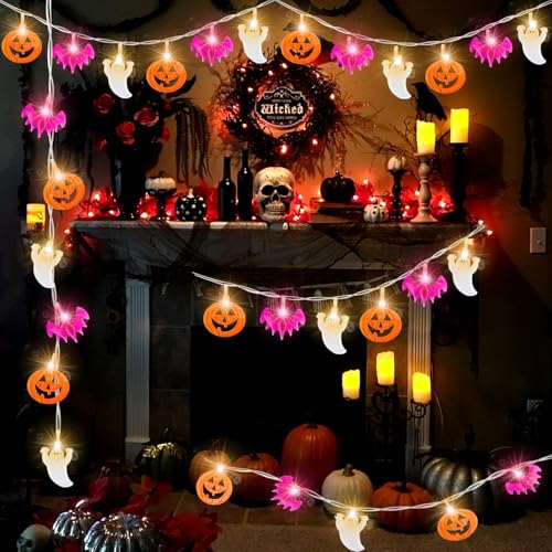 Halloween Lichterkette 3 Meter Halloween Fledermaus Lichterkette mit 20 LED, Halloween Dekolichter, Halloween Deko Lichterkette, Kürbis, Weißer Geist, Fledermaus, Spinne, Halloween Party Deko (B) von MplehDa