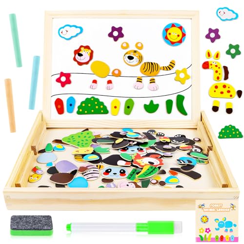 Magnetisches Holzpuzzle - Montessori Holzpuzzle Staffelei doppelseitige Tafel Holzbrett Doodle, Tiermuster Pädagogisches Magnetische Holzspielzeug, Magnetplatte Magnet Kinderspielzeug von MplehDa