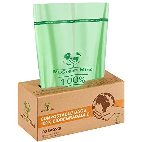 Mr. Green Mind ﻿Bio-Müllsäcke 2/3 Liter biologisch abbaubare Müllsäcke – 26 x 29 cm – 100% kompostierbare Müllsäcke – Inkl. Spender – Müllsäcke für Biomüll von Mr. Green Mind