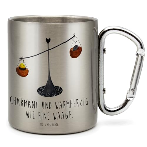 Mr. & Mrs. Panda Becher Sternzeichen Waage - Geschenk, Edelstahlbecher, Waage Geschenk, Gleichgewicht, Marienkäfer, Karabiner, Tierkreiszeichen, von Mr. & Mrs. Panda