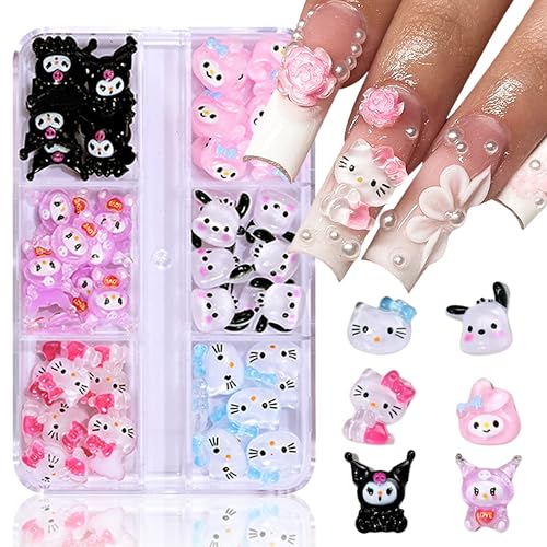 3D Cartoon Nageldekoration - 48 Pcs Kawaii Kitty Charms Nägel, Schleifenknoten-Nagelstecker-Strasssteine Nail Art Charms, Cartoon-Kätzchen Hund Kaninchen Nageldekorationen Aus Harz für DIY (Bunt B) von MrCuvaryas