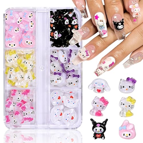 3D Cartoon Nageldekoration - 48 Pcs Kawaii Kitty Charms Nägel, Schleifenknoten-Nagelstecker-Strasssteine Nail Art Charms, Cartoon-Kätzchen Hund Kaninchen Nageldekorationen Aus Harz von DIY (Color A) von MrCuvaryas