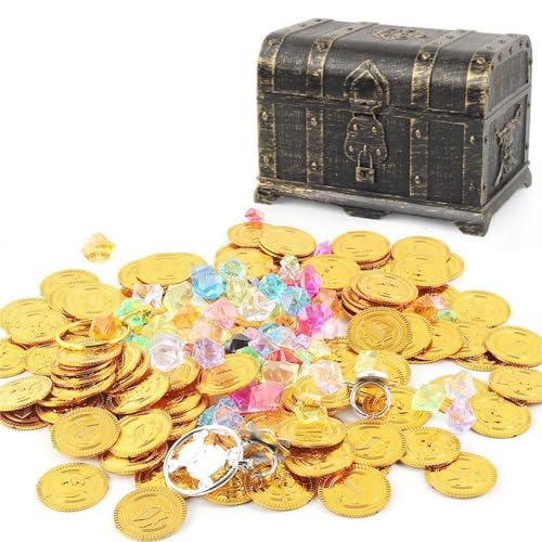 Piraten Schatztruhe Goldmünzen Set, 100 Gramm Bunte Edelsteine 100 Piraten Münzen 2 Ohrringe 2 Skeleton Ring, Piraten Party Favor, Schatzkiste Kinder Dekorationen für Piratenpartys von Mrchen