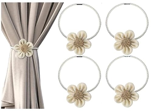 Mrltau 4 pcs Magnetische Vorhang Raffhalter, Boho Gardinenhalter Natürlicher Baumwolle, Gardinenhalter Raffhalter, Vorhang Halter, Blumen Vorhanghalter für Boho Deko von Mrltau