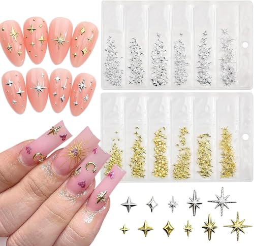 Mrltau 400 Pcs Stern Nail Charms Gold Silber, Charms Nägel Zubehör, Nagel Deko, Nail Art Zubehör, Nagel Charms, Nagel Steine, Nail Design, Charms für Nägel von Mrltau