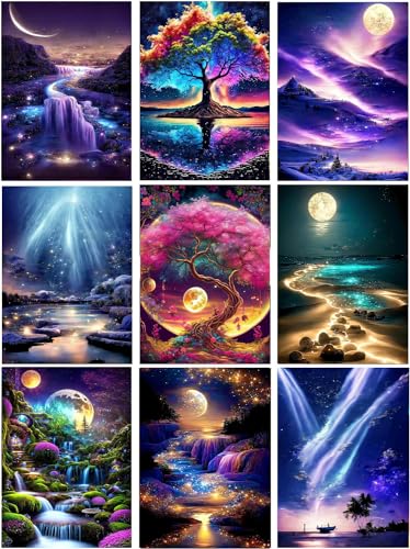 9-Pack Landschaft Diamond Painting Kits für Erwachsene, 5D DIY Aurora mit Baum Diamond Art Kits für Anfänger Runde volle Bohrer Paint by Diamonds für Home Wall Decor Geschenk12X16Inch von Mrnsiet