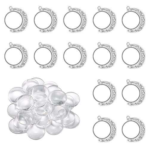 30 Stück/10 Sets (passend für 25 mm) Vintage-Silberlegierung Anhänger Tabletts Kits Mond Rotation doppelseitige runde leere Lünette Anhänger Tablett Charms mit 20 Stück Glas Cabochons für DIY Foto von MseaRust