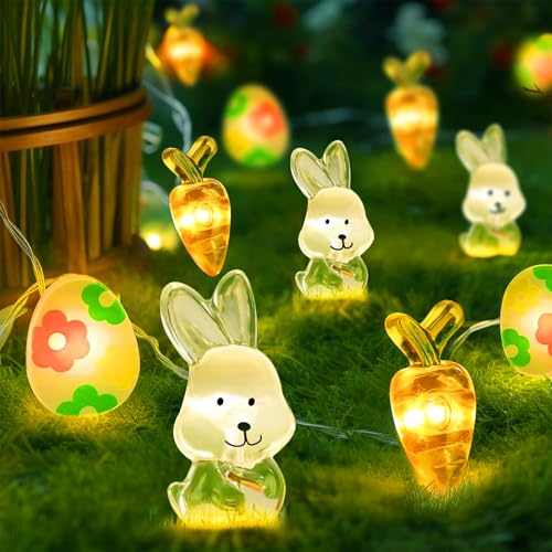 LED Lichterkette Ostern, 3M 30 LED Ostern Lichter, Hase Karotte Ostereier Led Osterbeleuchtung, Lichterkette Ostern Batterie Warmweiß, für Frühling Partys Tische Hochzeiten Oster Innen Außen Deko von Mstnoixgc