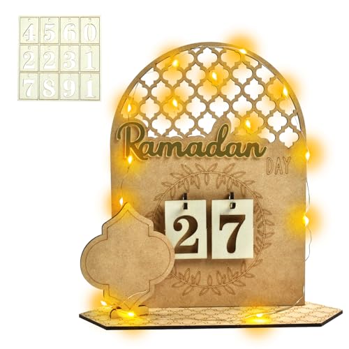 Ramadan Deko Aus Holz, LED Ramadan Kalender, Mubarak Kalender, Ramadankalender Kinder, Geeignet für Den 30-Tägigen Countdown Zum Ramadan, Eid-Dekoration/B von Mstnoixgc