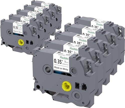 10x Msudoku Kompatibel TZe-221 für Brother P Touch Bänder 9mm Schwarz auf Weiß Ersatz für Brother TZe221 TZ-221 TZ221 Schriftband 9mm Laminated Tape für Brother P touch H100LB H105 H107B D400 D600 von Msudoku