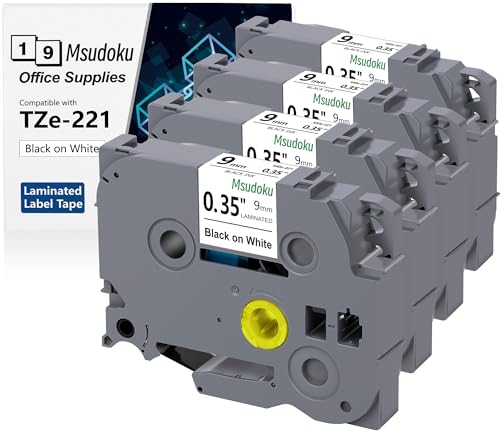 4x Msudoku TZe-221 Kompatibel für Brother P Touch Bänder 9mm white laminated Etikettenband Kompatibel mit Brother P Touch TZe221 TZ-221 TZ Schriftband für PTD210 PTH220 PTD400 PTD600 PTH110 PT1290 von Msudoku